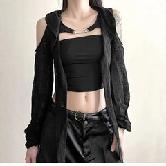 Long-Sleeve Cold-Shoulder Plain Asymmetrical Distressed Hooded Shrug