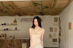 Sleeveless Stand Collar Asymmetrical Slit Lace A-Line Dress / Elastic Waist Plain Wide Leg Pants
