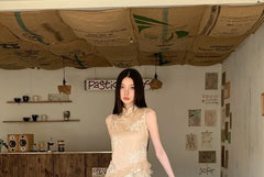 Sleeveless Stand Collar Asymmetrical Slit Lace A-Line Dress / Elastic Waist Plain Wide Leg Pants