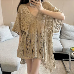 Elbow Sleeve V-Neck Plain Slit Knit Cover Up Top