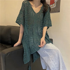 Elbow Sleeve V-Neck Plain Slit Knit Cover Up Top
