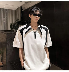 Short Sleeve Two Tone Panel Half Zip Polo Shirt