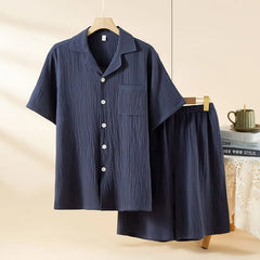 Pajama Set: Short-Sleeve Lapel Collar Plain Button Top + Lounge Shorts