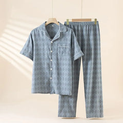 Pajama Set: Short-Sleeve Lapel Collar Argyle Button Top + Lounge Shorts