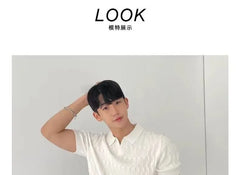 Short Sleeve Open Placket Plain Cable Knit Polo Top