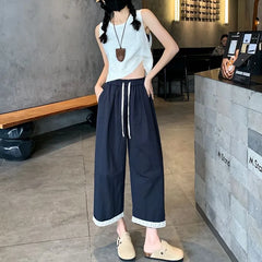 Drawstring Waist Lace Trim Cropped Straight Leg Pants