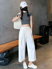 Drawstring Waist Lace Trim Cropped Straight Leg Pants
