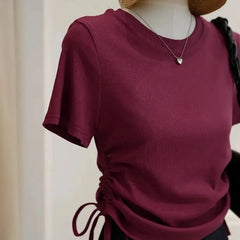 Short-Sleeve Crew Neck Plain Lace Up T-Shirt