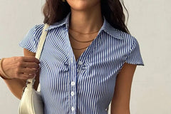 Short Sleeve V-Neck Striped Tie-Back Slim-Fit Shirt