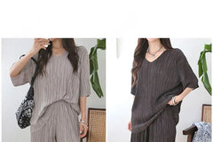 Set: Short-Sleeve V-Neck Pleated Top + Elastic Waist Pleated Pants