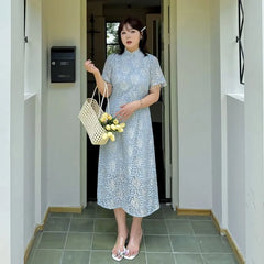 [XL-4XL] Short-Sleeve Stand Collar Lace Midi A-Line Dress