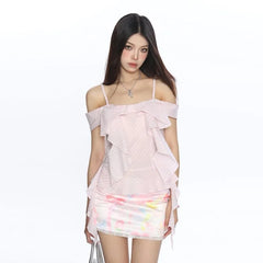 Short-Sleeve Cold Shoulder Striped Ruffle Trim Slim Fit Top