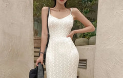 Spaghetti Strap Plain Cable Knit Maxi Sheath Dress