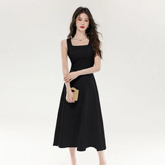 Sleeveless Square Neck Plain Midi A-Line Dress