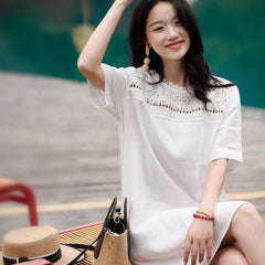 Short-Sleeve Crew Neck Plain Lace Trim Sundress