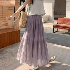 High Rise Plain Accordion Pleated Maxi A-Line Skirt