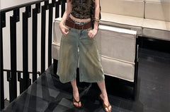 Scoop Neck Camo Print Studded Slim Fit Tank Top / Low Rise Vintage Washed Jorts