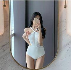 Halter Neck Plain Ruched Swimsuit