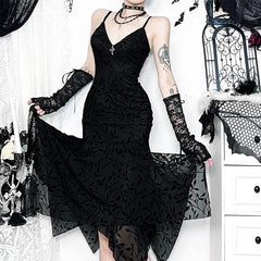Spaghetti Strap V-Neck Lace Midi Sheath Dress
