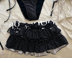 Set: Halter Dotted Lace Trim Bikini Top + Bottom + Cover Up Skirt
