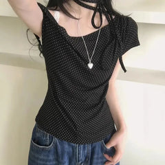 Short-Sleeve Halter Neck Off-Shoulder Dotted Slim Fit Crop Tee