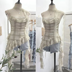 Spaghetti Strap Square Neck Plaid Ruffle Trim Cami Top