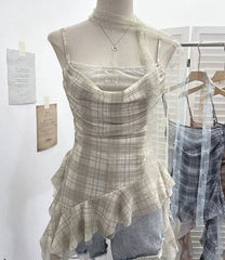 Spaghetti Strap Square Neck Plaid Ruffle Trim Cami Top