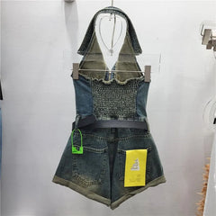 Set: Halter Roll Up Hem Zip Denim Wide Leg Romper + Belt