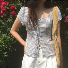 Short Sleeve Scoop Neck Plaid Frill Blouse
