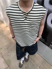 Sleeveless Henley Neck Striped T-Shirt