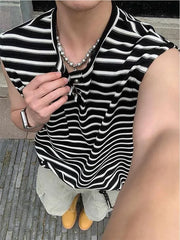 Sleeveless Henley Neck Striped T-Shirt