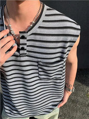 Sleeveless Henley Neck Striped T-Shirt