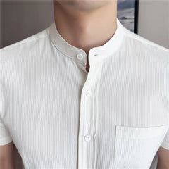 Short Sleeve Band Collar Striped Shirt
