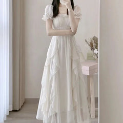 Short Sleeve Square Neck Plain Maxi A-Line Dress
