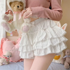 Elastic Waist Plain Lace Trim Tiered Ruffle Mini A-Line Skort