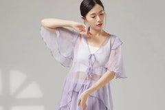 Elbow-Sleeve V-Neck Tie Front Plain Dance Top / High Waist Asymmetrical Skirt Overlay Wide Leg Pants
