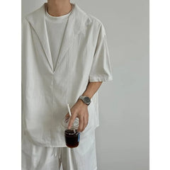 Set: Mock Two-Piece Elbow-Sleeve Split Neck Shirt + Drawstring Waist Plain Wide Leg Shorts