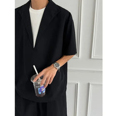 Set: Mock Two-Piece Elbow-Sleeve Split Neck Shirt + Drawstring Waist Plain Wide Leg Shorts