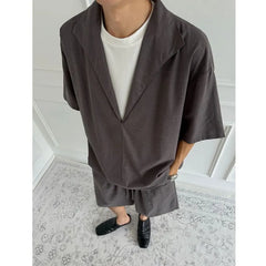 Set: Mock Two-Piece Elbow-Sleeve Split Neck Shirt + Drawstring Waist Plain Wide Leg Shorts
