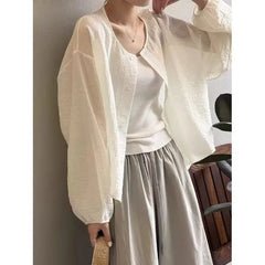 Puff-Sleeve Plain Button-Up Blouse