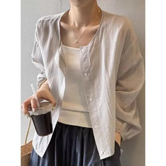 Puff-Sleeve Plain Button-Up Blouse