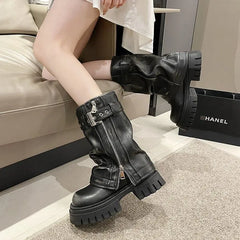 Buckled Faux Leather Platform Mid-calf Boots
