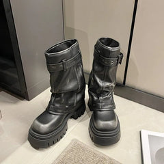 Buckled Faux Leather Platform Mid-calf Boots