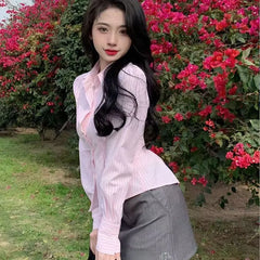 Long Sleeve Collared Striped Peplum Shirt