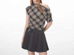 Short-Sleeve Off Shoulder Plaid Ruched Tee