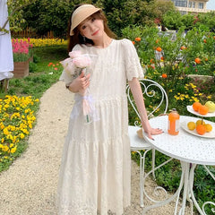 Maternity Short Sleeve Midi A-Line Eyelet Lace Dress