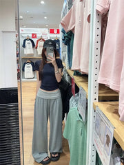Short-Sleeve Crew Neck Crop Slim Fit T-Shirt / Mid Rise Baggy Pants