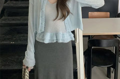 Set: Round Neck Plain Pointelle Cardigan + Ruffle Trim Knit Cami Top
