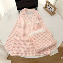 Pajama Set: Long-Sleeve Lapel Collar Plaid Lace Trim Button-Up Top + Pants