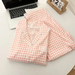 Pajama Set: Long-Sleeve Lapel Collar Plaid Lace Trim Button-Up Top + Pants